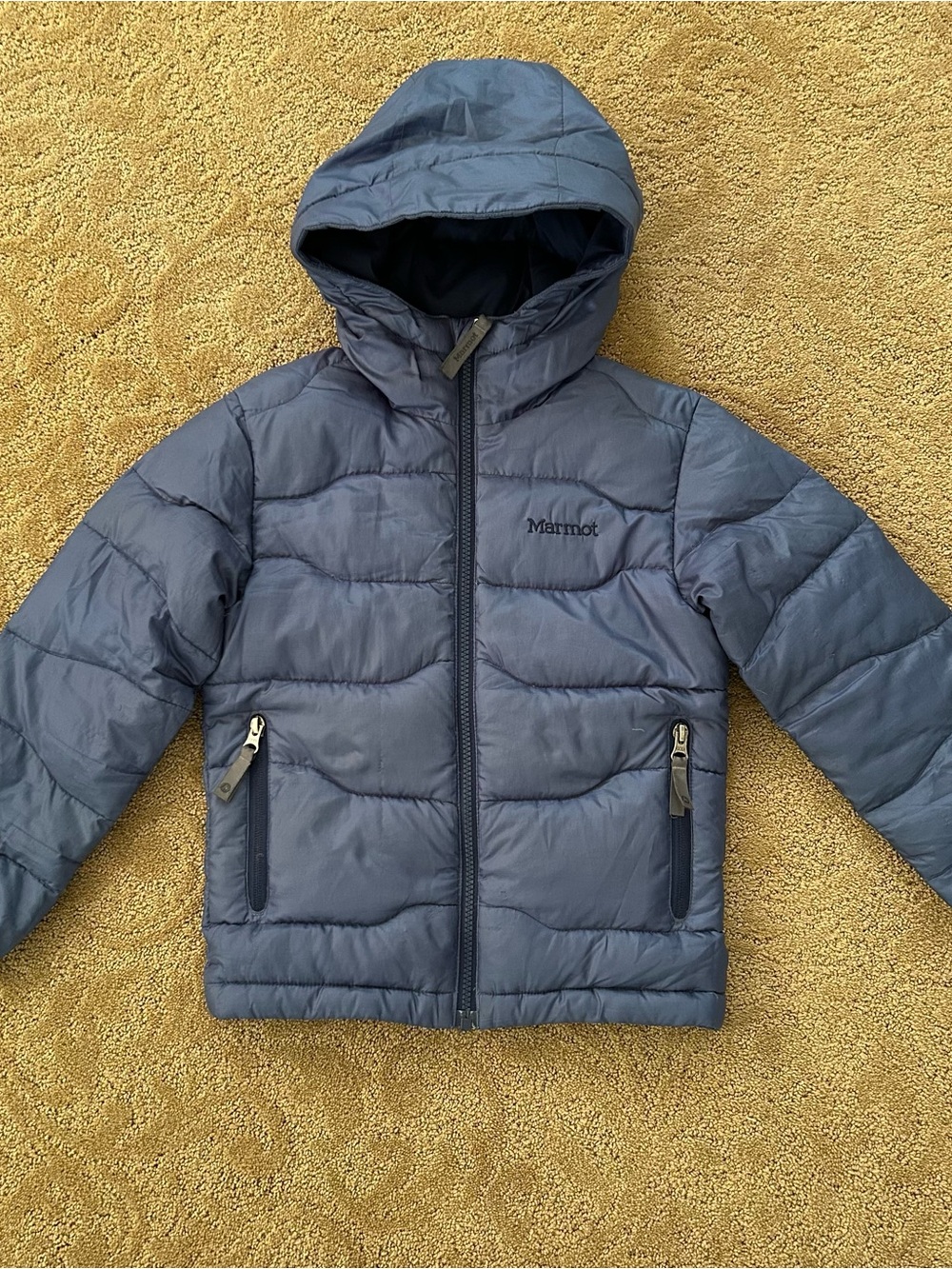 Marmot Kids Hooded Puffer Jacket in Muted Blue